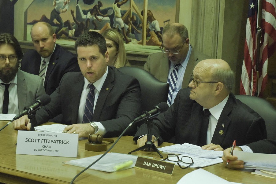 House Budget Committee Chairman Scott Fitzpatrick (left) and Senate Budget Committee Chairman Dan Brown (right) conduct a budget conference committee hearing in the House Lounge on May 3, 2017. (photo; Tim Bommel, Missouri House Communications)